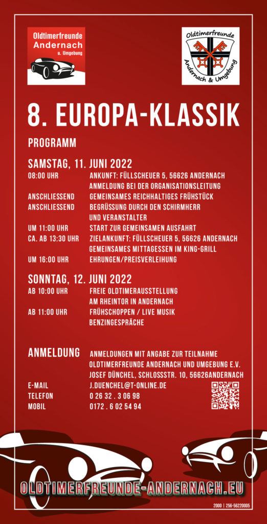 Flyer Seite 2 Veranstaltung - 8. EUROPA-KLASSIK am 11./12. Juni 2022 Oldtimer- & Youngtimer-Treffen am Rheintor in Andernach
