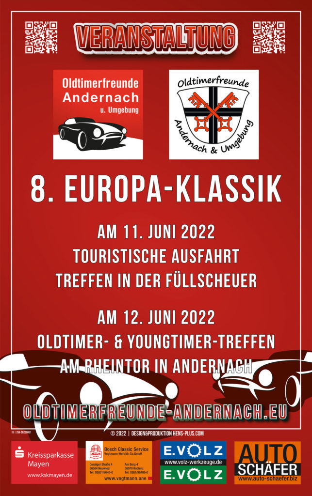 Plakat Veranstaltung - 8. EUROPA-KLASSIK am 11./12. Juni 2022 Oldtimer- & Youngtimer-Treffen am Rheintor in Andernach